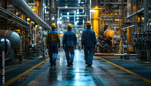 Wallpaper Mural Three workers in helmets walking through a modern industrial facility, showcasing a high-tech manufacturing environment. Torontodigital.ca