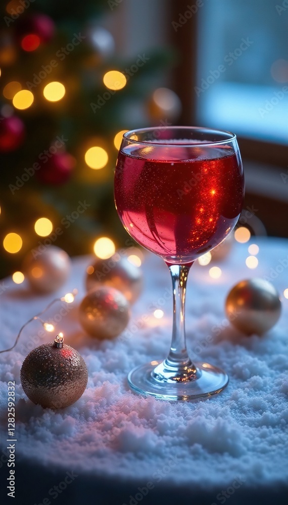 Glass of wine on an icy table with frosted glass balls and twinkle lights, sparkling, festive Glass of wine on an icy table with frosted glass balls and twinkle lights, sparkling, festive