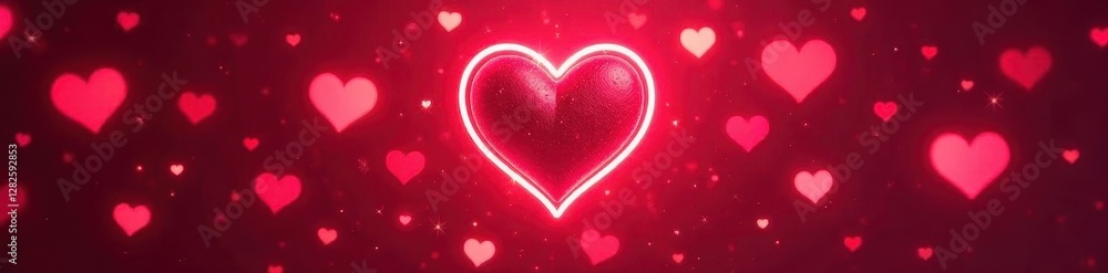 Glowing neon hearts burst, red backdrop, scattered confetti , romantic, abstract Glowing neon hearts burst, red backdrop, scattered confetti , romantic, abstract