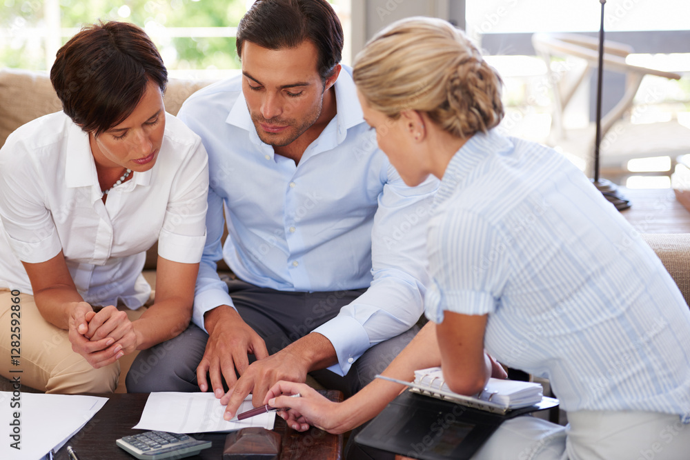Real estate, consulting and couple with documents for signature for new house, property and mortgage loan. Finance advisor, broker and man and woman with paperwork for contract, insurance and meeting Real estate, consulting and couple with documents for signature for new house, property and mortgage loan. Finance advisor, broker and man and woman with paperwork for contract, insurance and meeting