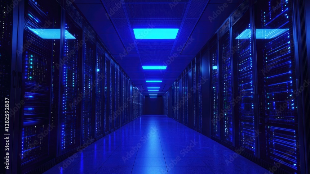 A futuristic data center with glowing blue server racks and reflective floors, creating a high-tech atmosphere. Ideal for technology, cloud computing, and cybersecurity themes A futuristic data center with glowing blue server racks and reflective floors, creating a high-tech atmosphere. Ideal for technology, cloud computing, and cybersecurity themes