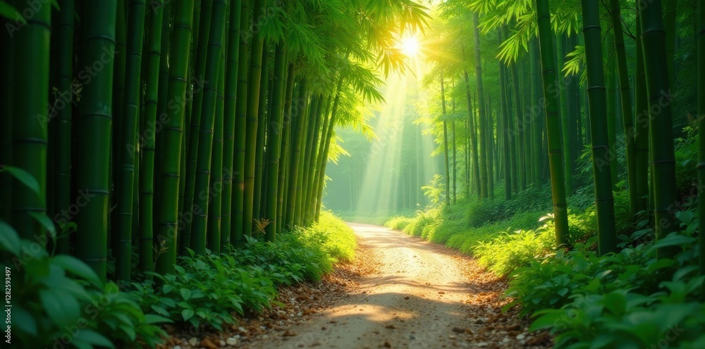 Fototapeta premium Sun-dappled bamboo path, winding gently uphill , organic, beam, line