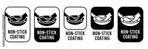 Non Stick Coating icon set. Non Stick Coating pan or pot with arrow for label product. Non Stick Coating logo, badge, sticker, symbol, emblem, black, circle, line vector isolated.