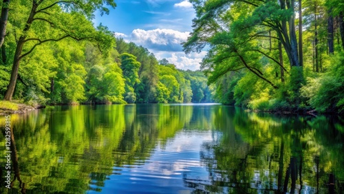 Water's edge surrounded by tall trees and dense foliage, calm, greenery,  calm, greenery
