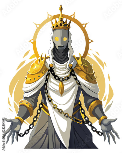Generate an image of a faceless king, adorned with a golden halo, his body wrapped in rich fabric, possibly linen or silk. The style should evoke ancient Egyptian or Mesopotamian art.