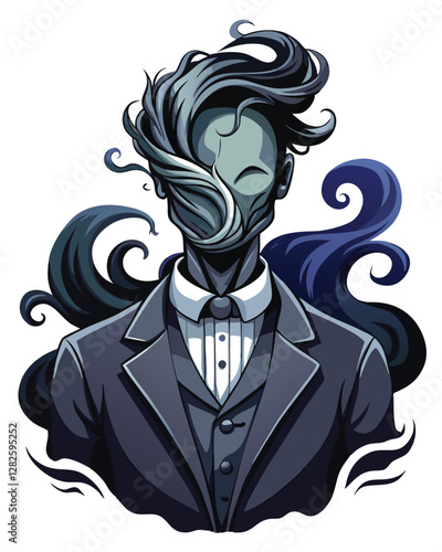 A meticulously detailed illustration of a faceless Victorian gentleman in a dark suit, his head replaced by a clockwork mechanism.  The setting is dimly lit.