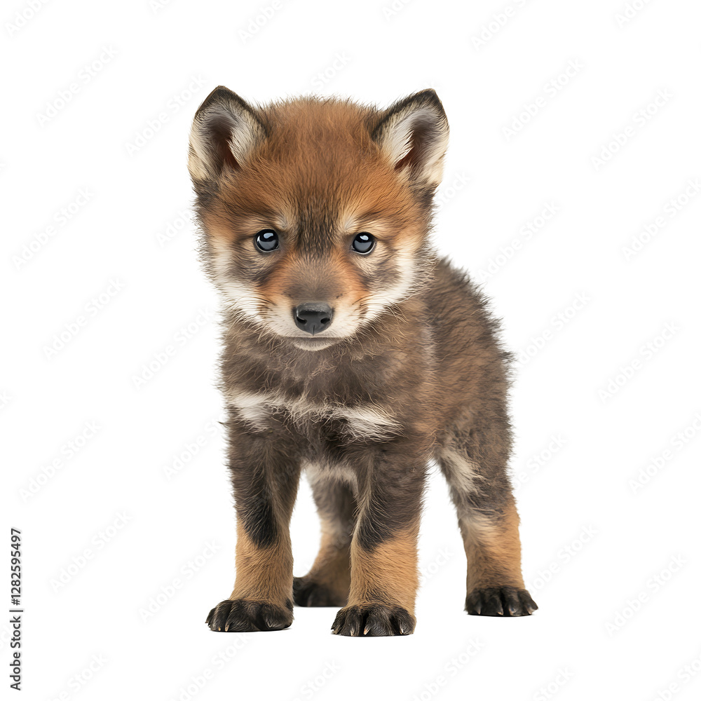 Obraz premium A young red fox pup standing on a white background, looking curiously ahead.