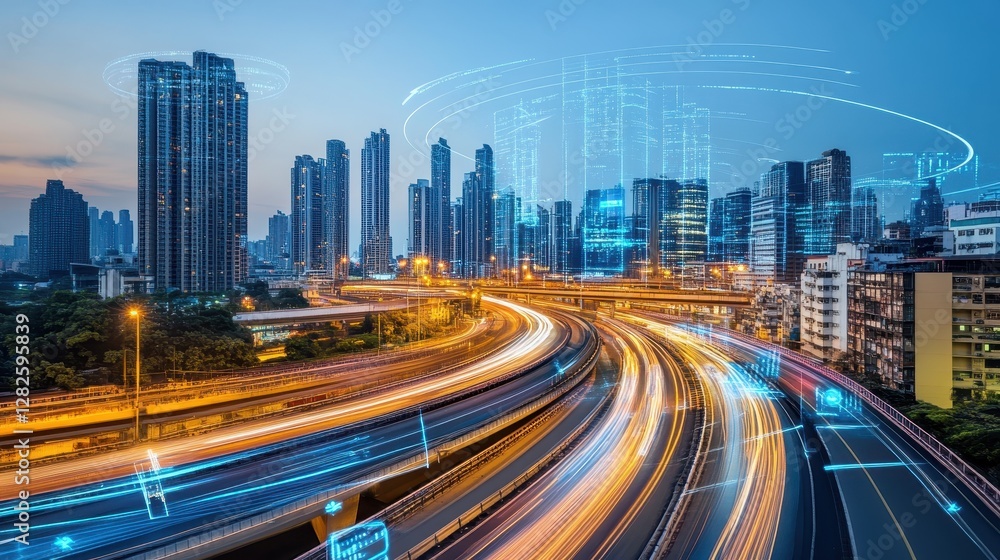 Fototapeta premium Night Cityscape Illuminated Highway Traffic Flowing Through Modern Buildings