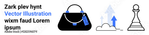 Handbag with price tag, upward arrows, and chess pawn symbolize success, strategy, and growth. Ideal for business, retail, luxury strategy fashion investment goal-setting. Flat landing page