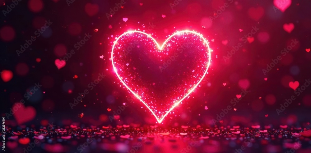 Vibrant neon hearts burst on red, confetti swirls , purple, texture Vibrant neon hearts burst on red, confetti swirls , purple, texture
