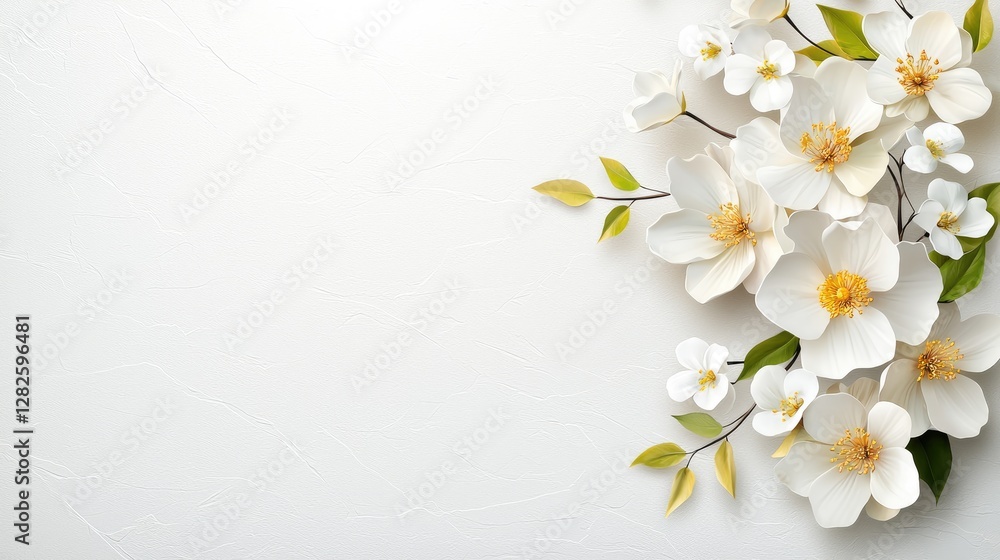 Fototapeta premium White flowers spring arrangement, blank space, background texture, greeting card design