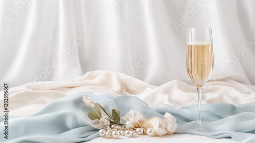 Close-up of elegant champagne flute with pearl decor for wedding celebration