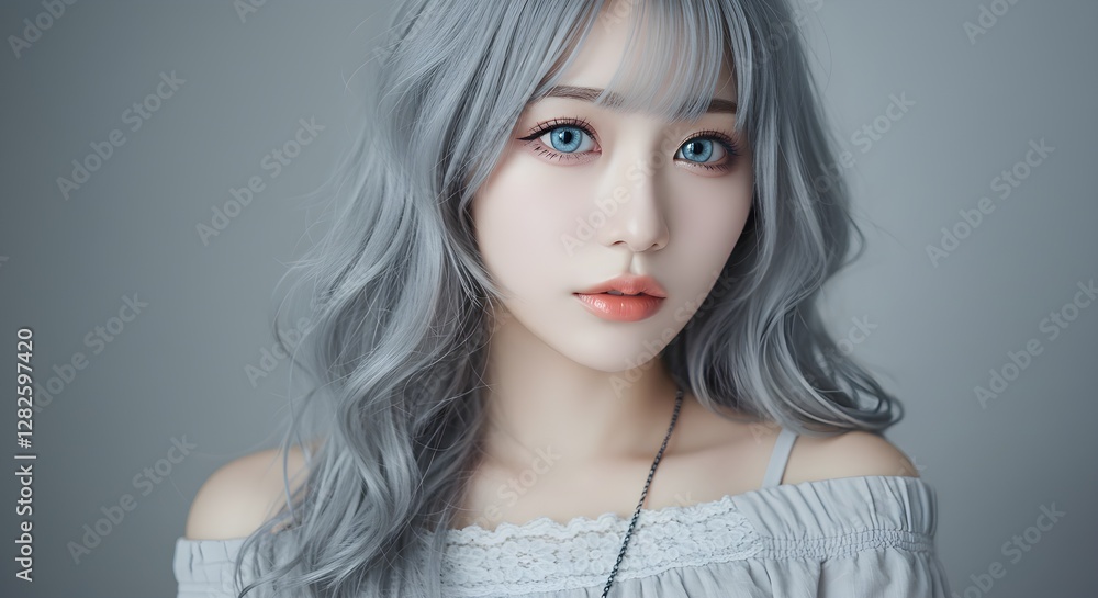 Elegant Portrait Of Young Woman With Striking Blue Eyes And Gray Hair Elegant Portrait Of Young Woman With Striking Blue Eyes And Gray Hair