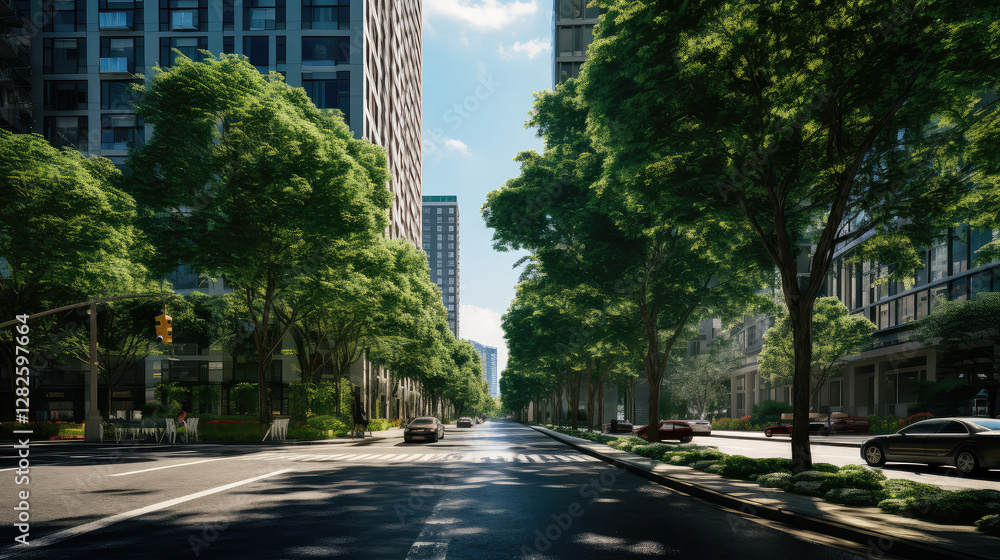Naklejka premium Tranquil Tree-Lined City Street
