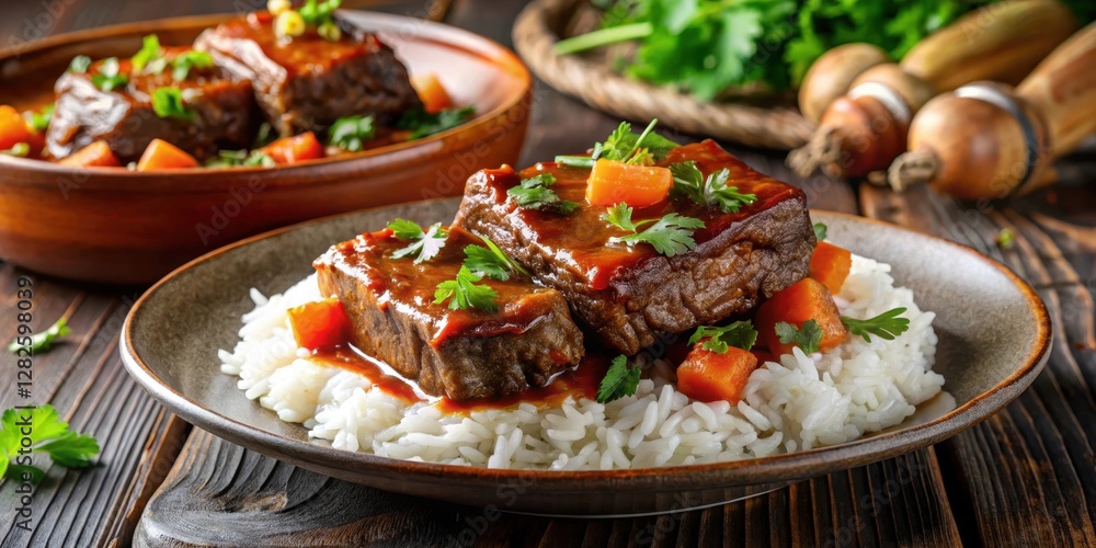 Tender beef short ribs in a rich tomato-based sauce served with fluffy white rice and steamed vegetables, garnished with fresh cilantro leaves, traditional cuban dishes, latin american food Tender beef short ribs in a rich tomato-based sauce served with fluffy white rice and steamed vegetables, garnished with fresh cilantro leaves, traditional cuban dishes, latin american food