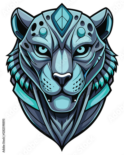 A sleek, futuristic cheetah head, adorned with aerodynamic cybernetic enhancements; glowing eyes, metallic textures, sharp details.