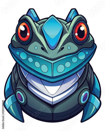 Design a futuristic mecha frog head, incorporating glowing blue visor accents.  Show intricate mechanical details and a powerful, aggressive aesthetic.