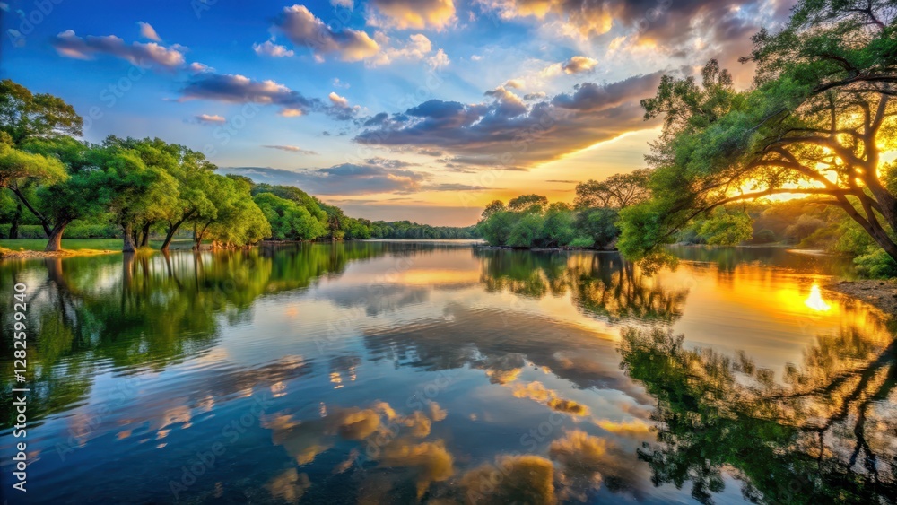 Obraz premium Serene Lake Austin with Trees and Sunset