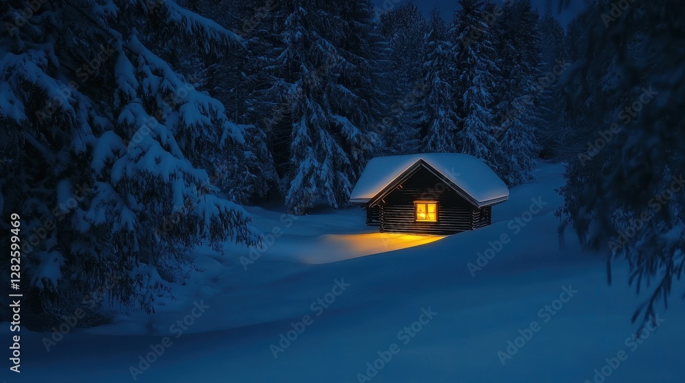 Fototapeta premium A cozy cabin glows warmly amidst a snowy forest, surrounded by tall trees, creating a serene winter night atmosphere.