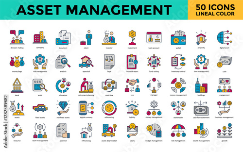 Asset Management icon set with decision making, company, document, client, investor, investment, bank account, wallet, property, digital asset icon. Simple lineal color vector 

