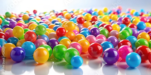 A cluster of brightly coloured plastic balls scattered on a white background with a subtle gradient effect, creating a sense of depth and dimensionality , texture, shapes photo