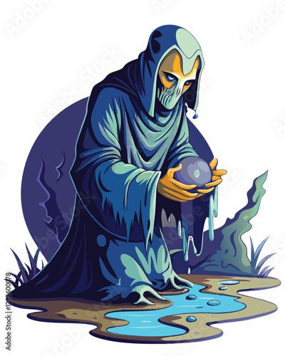 A translucent, kneeling monk figure in flowing robes before a shimmering pool of phosphorescent liquid, ethereal and mysterious.