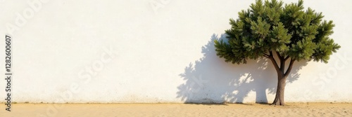 Whitewashed wall contrasts brown sand, sunlight, tree silhouette , tree, pure