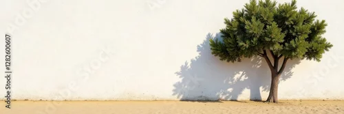 Fototapeta samoprzylepna Whitewashed wall contrasts brown sand, sunlight, tree silhouette , tree, pure