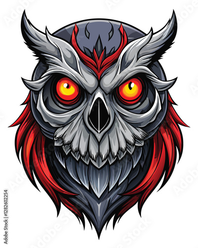 Render a terrifying owl skull, hollowed and eerily glowing red internally,  set against a dark, nightmarish background.  Focus on detailed bone texture and intense red luminescence.