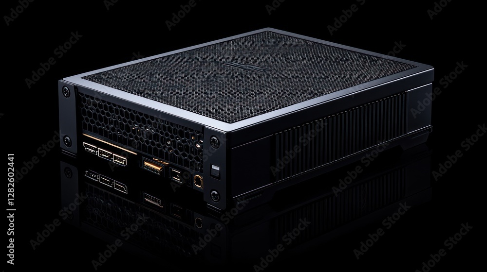 Obraz premium Black rectangular computer device with metallic accents and ventilation holes, reflected on a black surface.