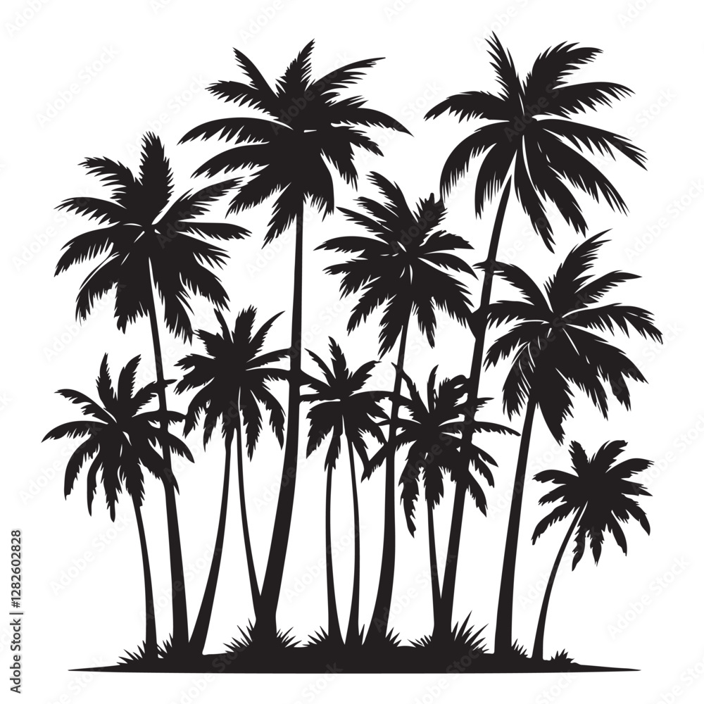 Fototapeta premium Palm trees swaying Silhouette Vector Illustration, Solid White Background.