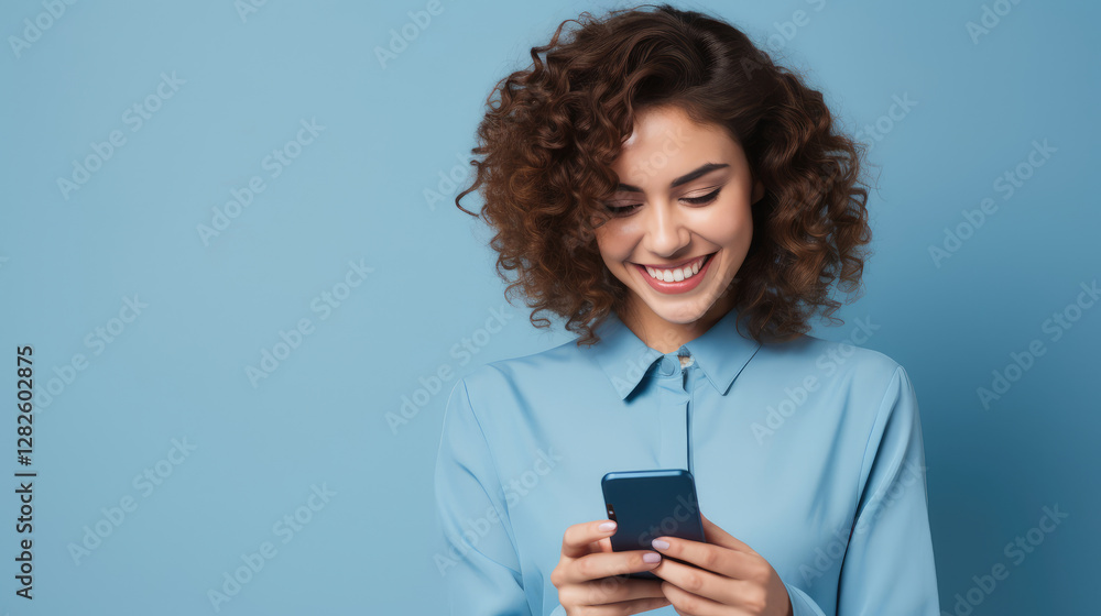 Smiling Woman Using Phone on Blue Background Smiling Woman Using Phone on Blue Background