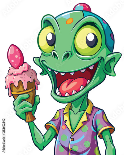 Create a whimsical illustration of a goofy, three-eyed green alien emitting a large, cartoonish "toot," showcasing exaggerated features and vibrant colors.