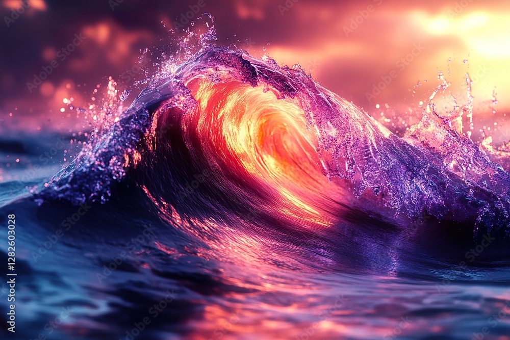 Fototapeta premium Wave crests as sun shines through in violet hues
