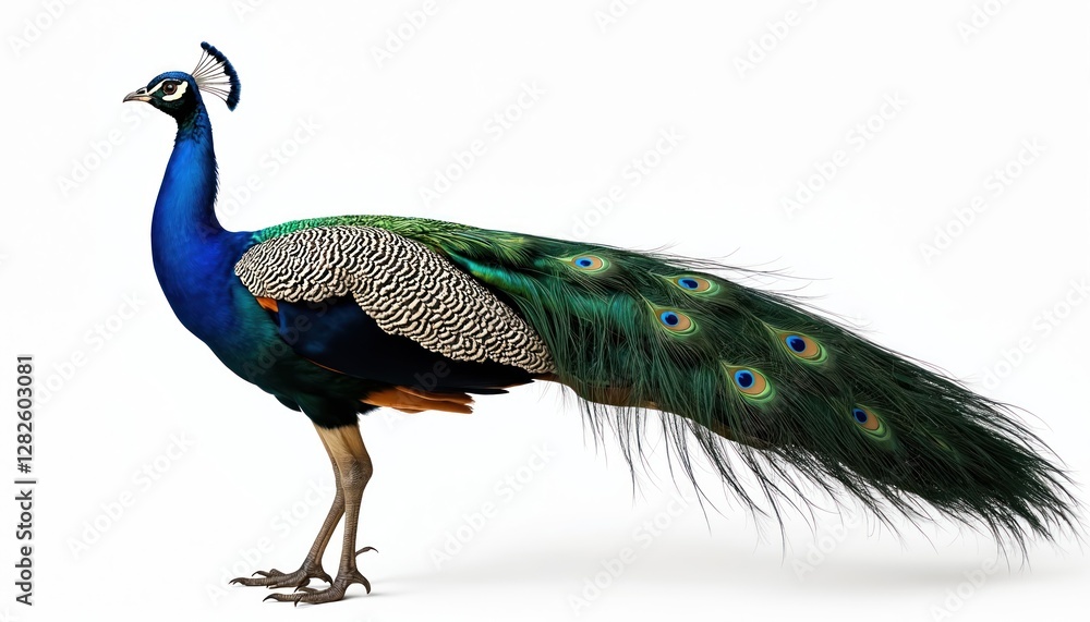 Obraz premium Majestic peacock stands in profile against plain white background. Bird shows iridescent plumage, tail feathers. Tropical avian wildlife fauna beauty. Elegant graceful proud creature display.