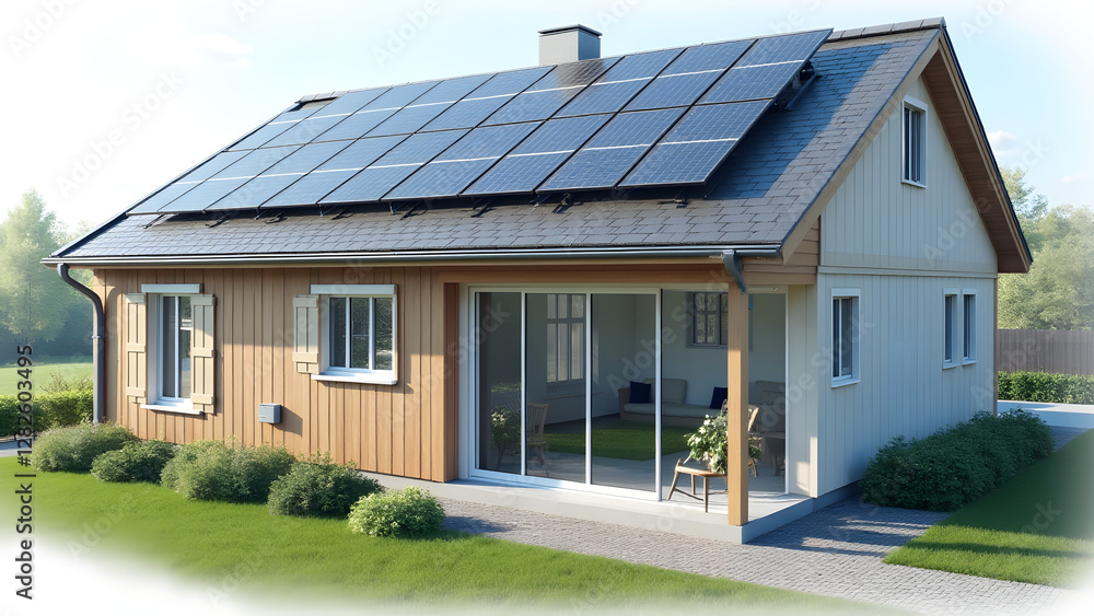 A house facade with solar panels and an energy monitoring system. The modern design and real-time tracking highlight the integration of solar energy with advanced technology for sustainable living. A house facade with solar panels and an energy monitoring system. The modern design and real-time tracking highlight the integration of solar energy with advanced technology for sustainable living.