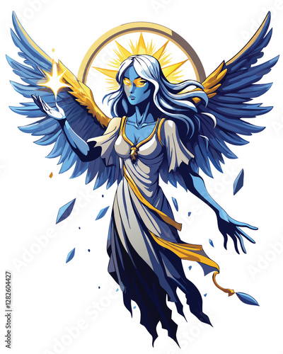 A gothic angel with tattered, broken wings, reaching towards a celestial light source, amidst dark, stormy clouds.  The angel is emaciated and sorrowful.