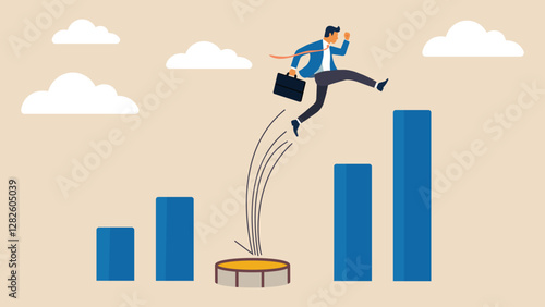 a businessman using a trampoline to jump over a rising bar chart, symbolizing career growth, business success, and overcoming challenges. Perfect for finance and motivation themes