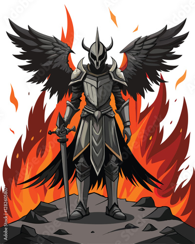 A majestic gothic knight, clad in dark armor, possesses large, imposing wings crafted from black feathers.  Intricate details are crucial.