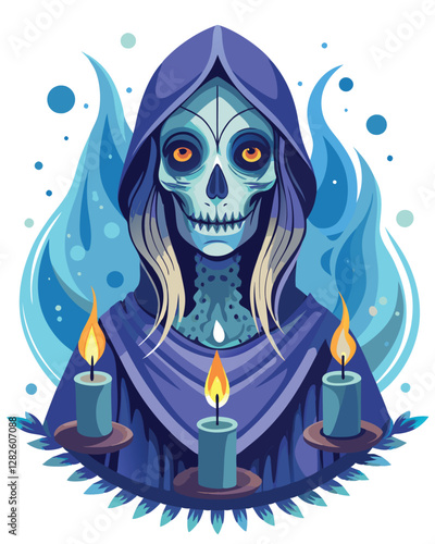 A gothic oracle, stitched mouth, surrounded by swirling shadows and arcane symbols, holding a crystal ball.