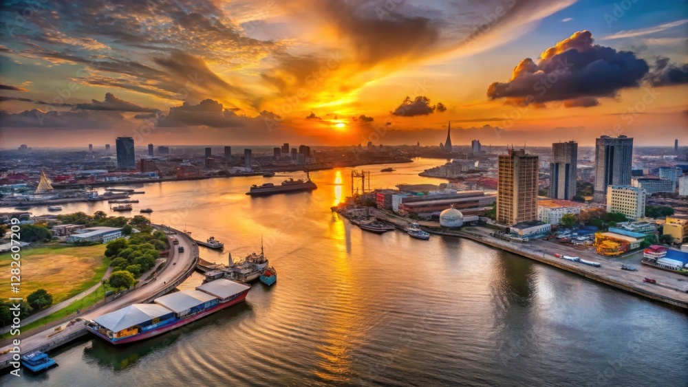 Naklejka premium Stunning Aerial View of Vibrant Cityscape at Sunset Over River