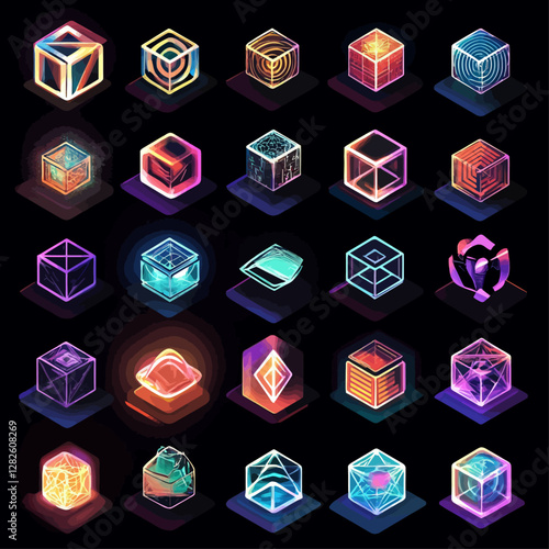 Neon Cubes, Abstract Geometric Shapes with Glowing Outlines and Dark Background