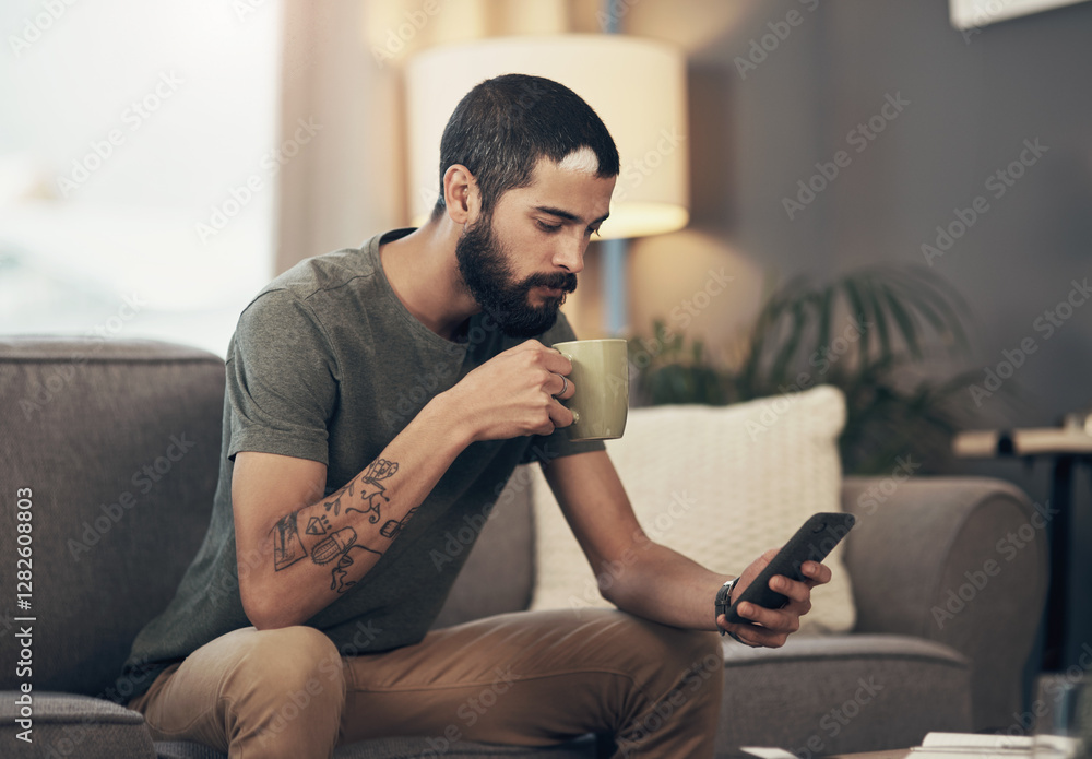 Morning, phone and man on sofa with coffee for social media, online post and internet in home. Apartment, weekend and person with drink on smartphone for reading ebook, website news and connection Morning, phone and man on sofa with coffee for social media, online post and internet in home. Apartment, weekend and person with drink on smartphone for reading ebook, website news and connection