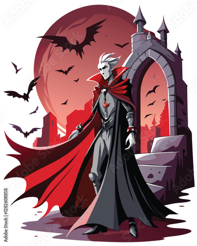 A brooding gothic vampire, pale skin, dark attire, stands amidst crumbling castle ruins at twilight, his cape billowing.