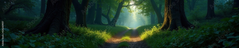 Dim light illuminates overgrown path, ancient trees loom , night, mystery Dim light illuminates overgrown path, ancient trees loom , night, mystery