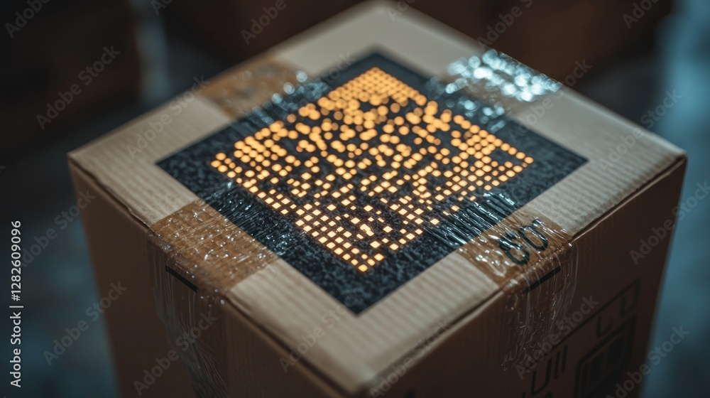 Cardboard package with a glowing code, for retail, cargo, or tracking