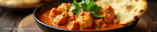 Panel kuchenny z motywem Spicy Chicken Tikka Masala garnished with fresh cilantro, curry, naan bread, hot