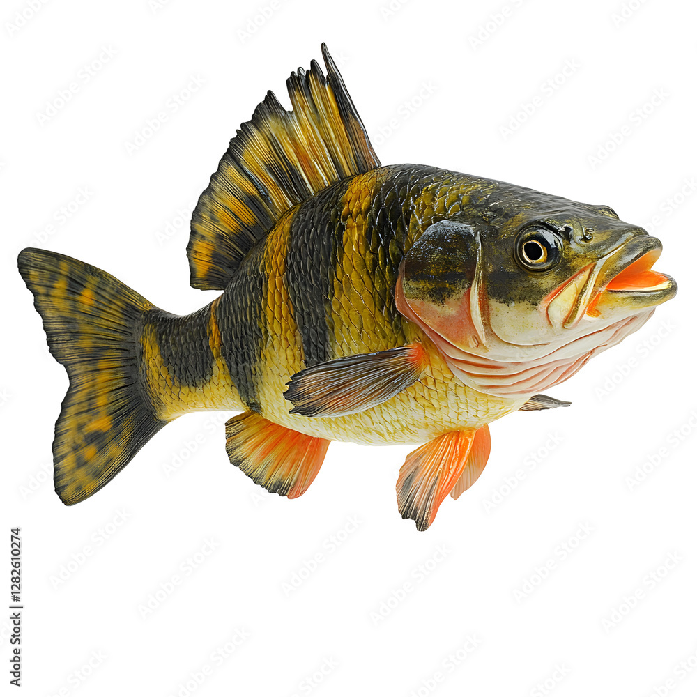 Fototapeta premium A vibrant yellow perch fish with black stripes, isolated on a white background.