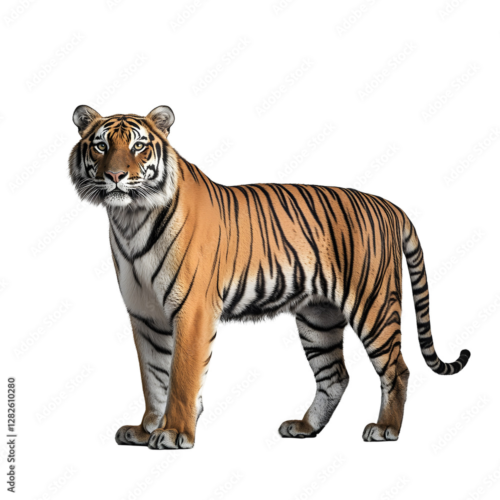 A Bengal tiger standing in a neutral setting, showcasing its striking orange and black stripes. A Bengal tiger standing in a neutral setting, showcasing its striking orange and black stripes.