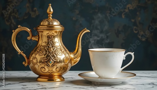 Elegant Golden Teapot and Steaming Tea Cup on Marble Surface